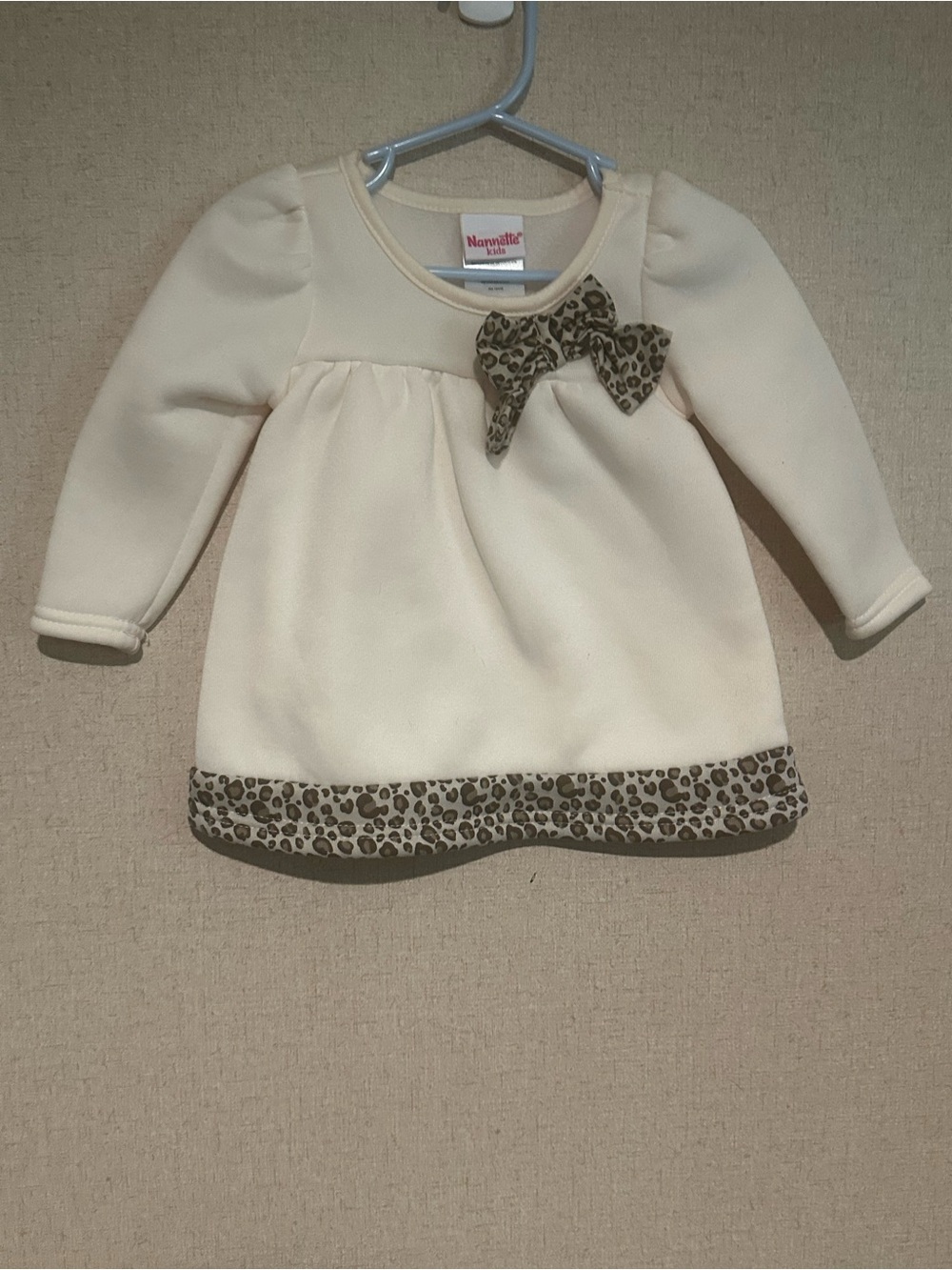 Nannette Kids 12M Cream Long Sleeve Top with Leopard Bow Trim
